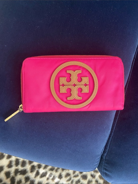 Tory Burch Handbags - Tory Burch Hot Pink Zip-Around Wallet with Tan Logo
